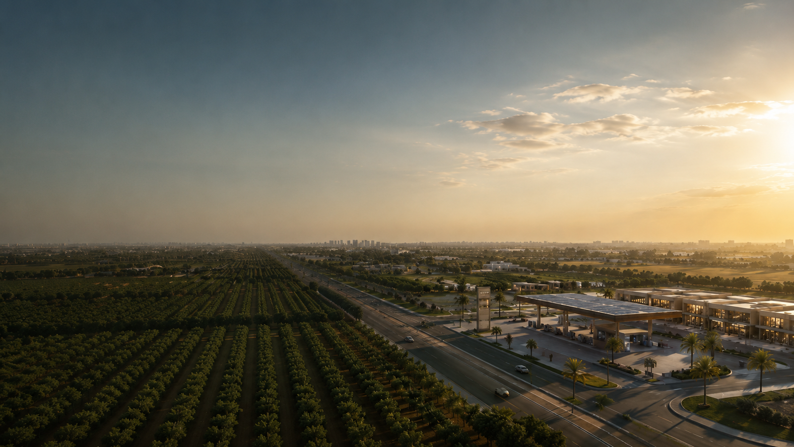 Future Land development at sunset
